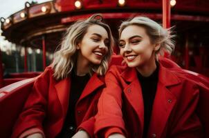 AI generated Two friends on red rollercoaster happy smiling. Generate Ai photo