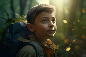 AI generated Young boy forest backpack. Generate AI photo