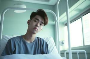 AI generated Teen boy in hospital bed. Generate Ai photo