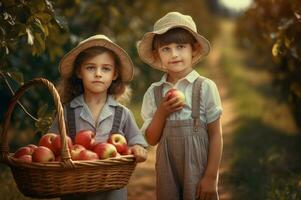 AI generated Cute children basket apples. Generate AI photo
