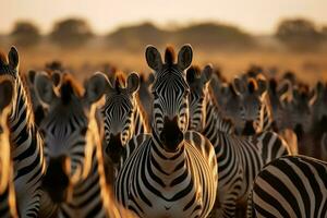 AI generated African savannah low groups zebras. Generate ai photo