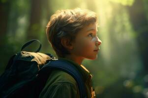 ai generado pequeño niño caminando bosque. generar ai foto