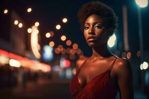 AI generated Black glam woman in summer nightlife. Generate ai photo