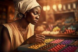 AI generated Black female chocolatier checking desserts. Generate ai photo