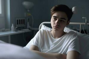 AI generated Teen boy in hospital bed bad health. Generate Ai photo