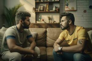 AI generated Two male friend soccer watching on tv. Generate Ai photo