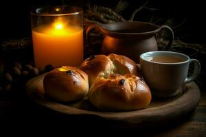 AI generated Saint Lucia buns with tea next to burning candle. Generate ai photo