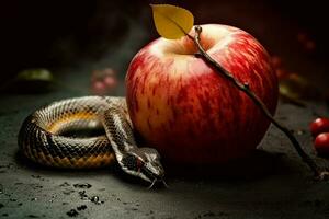 ai generado serpiente manzana pecado tentación. generar ai foto