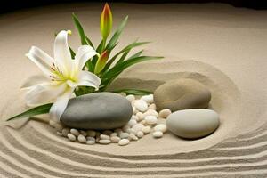 AI generated Sand with lily flower surrounded with spa stones. Generate ai photo