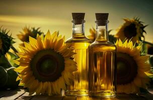 AI generated Sunflower oil bottles with yellow flower. Generate ai photo