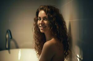 AI generated Woman bathroom happy smiling taking bath. Generate Ai photo