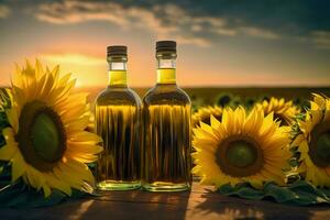 AI generated Natural sunflower oil bottles on sunset view. Generate ai photo