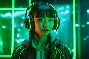 ai generado coreano niña con futurista neón auriculares. generar ai foto