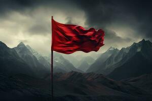 ai generado rojo bandera en brumoso montaña fuerza. generar ai foto