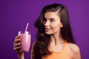 AI generated Woman drink purple smoothie glass fresh detox. Generate Ai photo