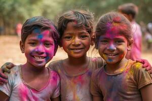 ai generado grupo de niños teniendo divertido holi color festival. generar ai foto