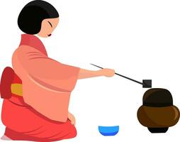 un mujer en un kimono es Cocinando alguna cosa vector