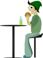 a man sitting at a table eating a hamburger vector