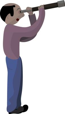 a cartoon man looking through a telescope