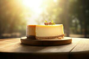 AI generated Piece of cheesecake on outdoor wooden table. Generate ai photo