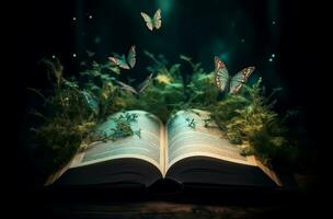 AI generated Open magic nature book fairy pages. Generate ai photo