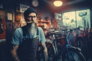 AI generated Bearded man in bicycle service market. Generate ai photo