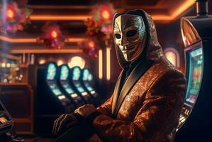 ai generado enmascarado índigo jugador en casino. generar ai foto