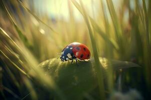 AI generated Ladybug insect on green blade grass. Generate ai photo