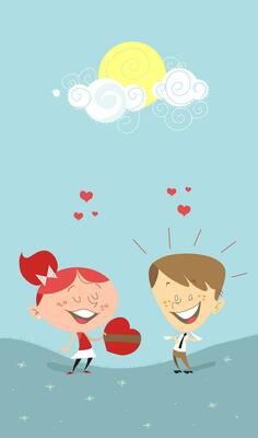 cartoon boy and girl holding heart shaped box