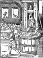 an engraving of a man and woman working in a barrel vector