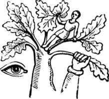 a drawing of a tree with a hand reaching up to the leaves vector