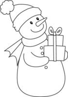 Snowman cartoon drawn with simple lines. The snowman has branch arms, wears a hat, and is adorned for Christmas with a cheerful Snowman cartoon having fun on Christmas day. vector