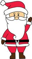 Papa Noel noel, un dibujos animados de un niño en pie y ondulación Hola, es un mano dibujado ilustración. en Navidad día, Papa Noel claus es vestido en un linda rojo atuendo y sombrero. vector