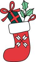 dibujado a mano dibujos animados decorado Navidad temas, tal como media embutidoras. dibujos animados representar medias para Papa Noel noel, lleno con regalos. el medias colgar acebo, caramelo bastones, y copos de nieve. vector