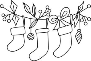 Hand drawn cartoons decorated Christmas themes, such as stocking stuffers. cartoons depict stockings for Santa Claus, filled with gifts. The stockings hang holly, candy canes, and snowflakes. The simp vector