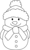 Snowman cartoon drawn with simple lines. The snowman has branch arms, wears a hat, and is adorned for Christmas with a cheerful Snowman cartoon having fun on Christmas day. vector