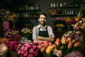 ai generado sonriente florista hombre en tienda. generar ai foto