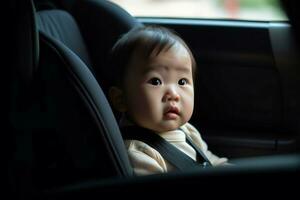 ai generado bebé sentado en la seguridad coche asiento. generar ai foto