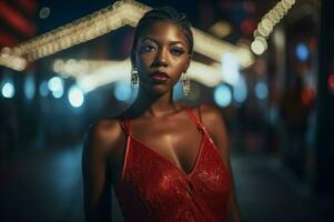 ai generado negro glamour mujer vistiendo rojo verano vestir en oscuro iluminado calle. generar ai foto