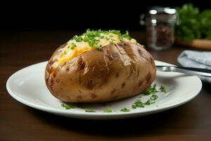 AI generated Serving baked whole potato on white plate. Generate ai photo