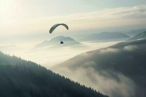 AI generated Paragliding parachute above the misty hills. Generate ai photo