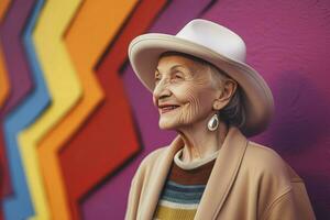 ai generado elegante mayor mujer en elegante ropa y sombrero. generar ai foto