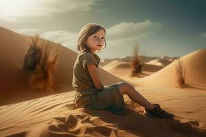 ai generado niña sentado en medio arena duna. generar ai foto