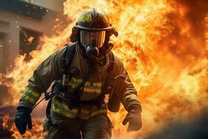 AI generated Dynamic image firefighter action. Generate ai photo