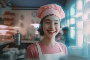 ai generado niña vistiendo rosado uniforme en Pastelería tienda. generar ai foto