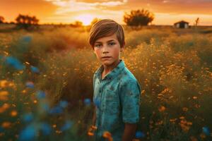 ai generado chico en rural salvaje floral campo con dañoso cara expresión. generar ai foto