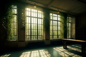 AI generated Empty library room with big sunlit windows. Generate ai photo