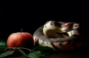 AI generated Snake evil with forbidden apple sin. Generate ai photo