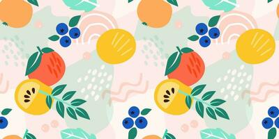 Seamless pattern with abstract fruits and berries. Summer bright print with apples, oranges, blueberries. Vector graphics.