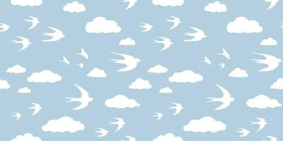 Seamless pattern with abstract silhouettes of birds, swallows, clouds against the sky. Vector graphics.